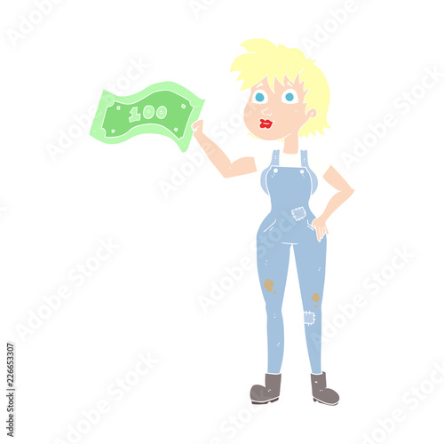flat color illustration of a cartoon confident farmer woman with money