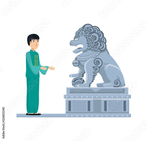 chinese lion statue with man isolated icon