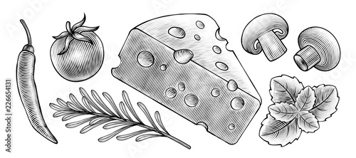 Engraved style food ingredients