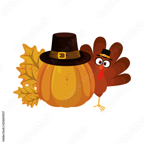 turkey with pilgrim hat and pumpkin