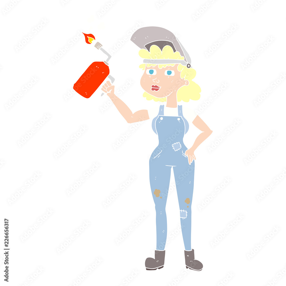 flat color illustration of a cartoon woman welding