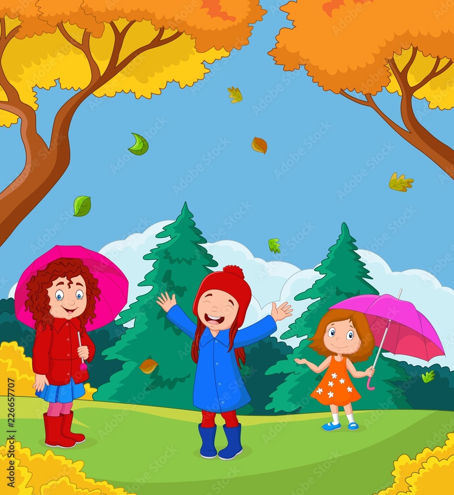 Cartoon happy kid playing with autumn background