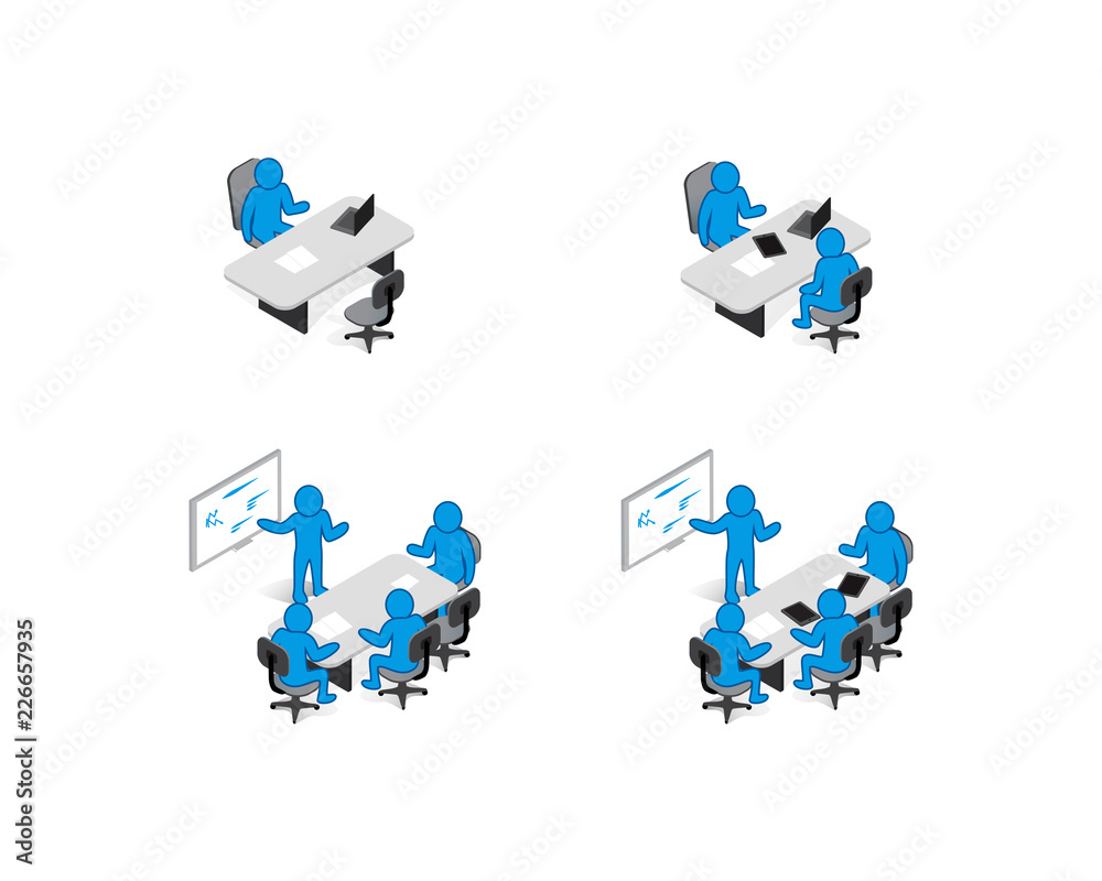 Isometric Blue Stickman Business Situations 