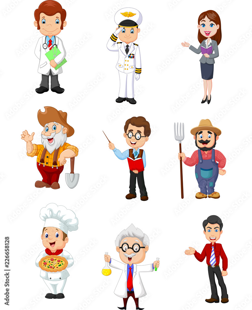 Group of people with different professions on a white background