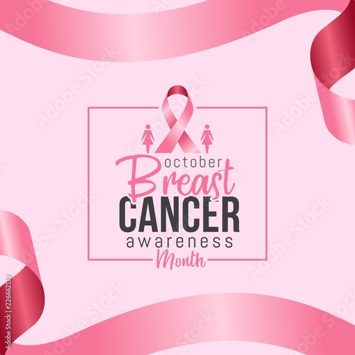 Banner for breast cancer awareness month in october with realistic pink ribbon. vector illustration