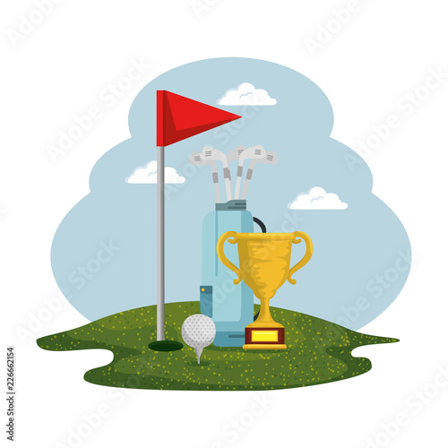 trophy cup with golf equipment
