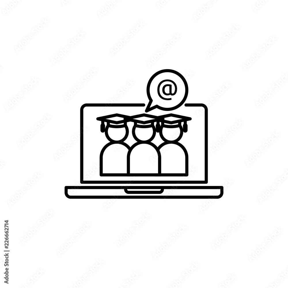 E-learning line icon. Online internet education symbol. graduation cap on laptop screen. digital graduate business sign. logo for web site, mobile app, UI, infographic. Isolated vector illustration.