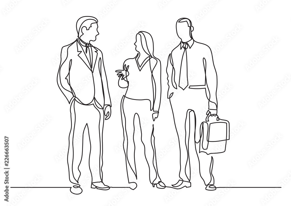 continuous line drawing of three business professionals standing talking continuous line drawing of three business professionals standing talking