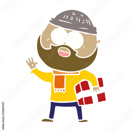 flat color style cartoon bearded man with present