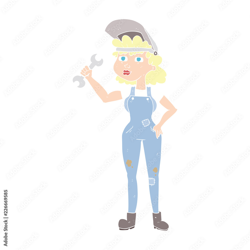 flat color illustration of a cartoon woman with spanner