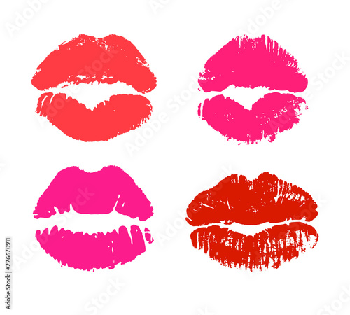 Glamour lips silhouettes isolated on white background. Bright red and pink lipstick kiss prints vector illustration. Happy valentines day romantic symbol. Sensual love signs in pop art style.