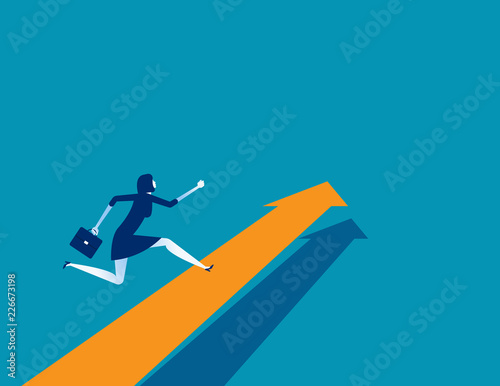 Businesswoman running on arrow. Concept business vector. Direction, Growth, Up.