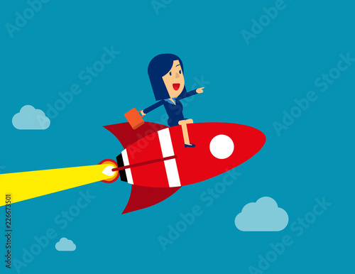 Businesswoman sitting on rocket go to success. Concept business vector illustration, Rocket ship, Achievement, cloud & sky, Technology.