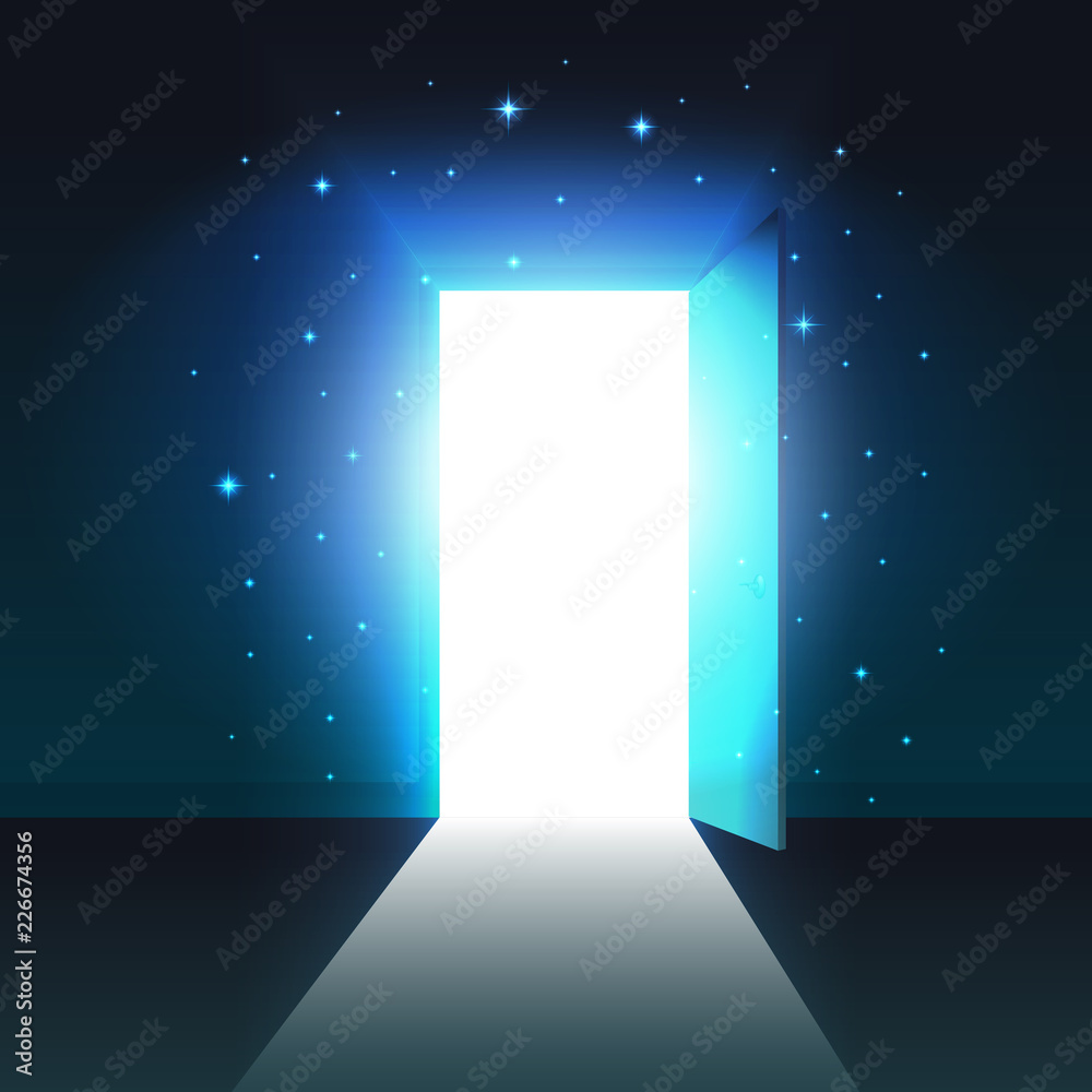 Light from the open door of a dark room, abstract mystical glowing exit, open door template, background, mock up