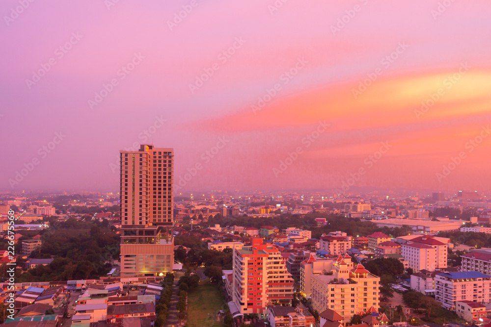 Aerial Pattaya Cityscape Sunset, Chonburi, Thailand.