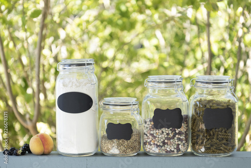 reusable glass mason jars zero waste with plain chalk labels for bulk food products
