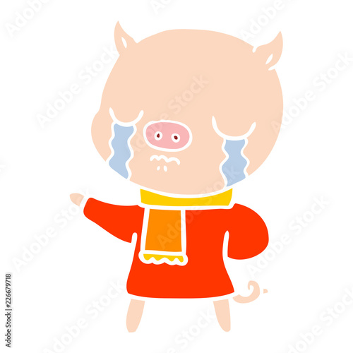 flat color style cartoon crying pig wearing scarf