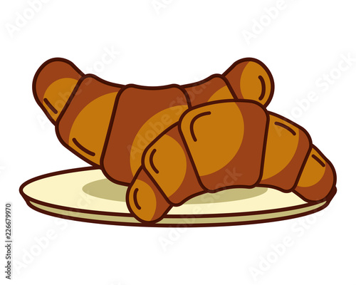 two croissant in dish food bakery