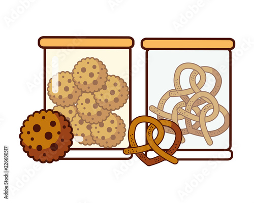glass jars with cookies and pretzels food dessert bakery