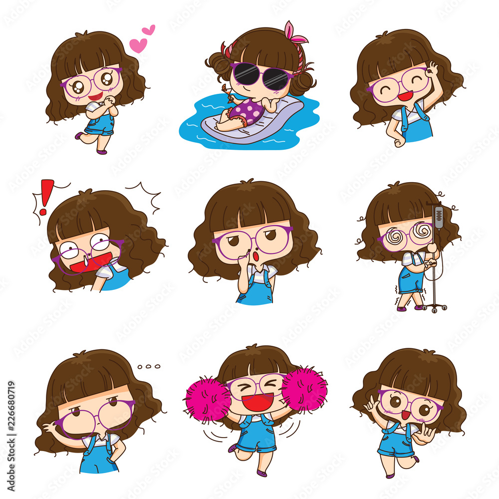Cute glasses girl character design in different emotions and expressions. Editable stroke. Cute glasses girl character design in different emotions and expressions. Editable stroke.