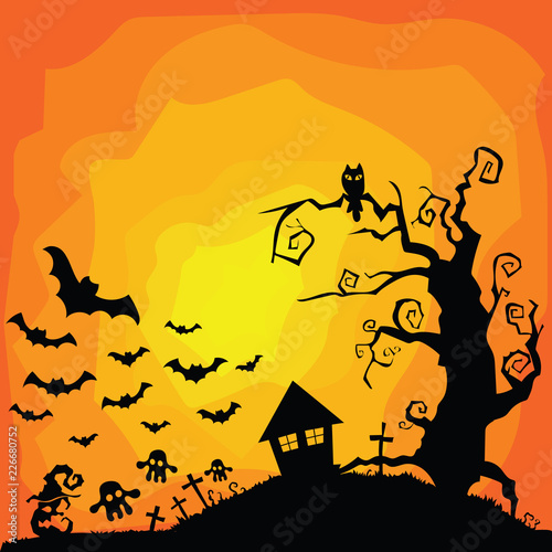 Vector Halloween orange background with many flying bats, old house, ghosts, tombs, owl, tree.