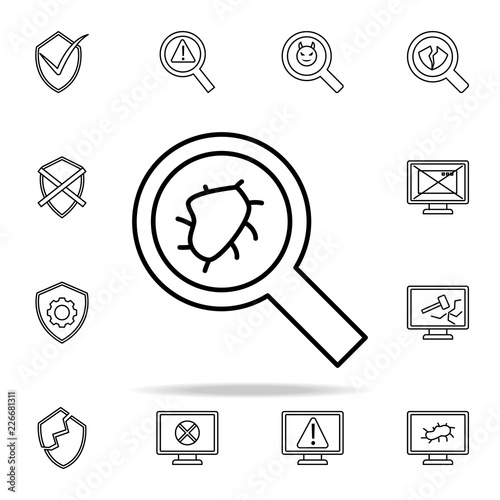 a microbe under a magnifying glass icon. Virus antivirus icons universal set for web and mobile