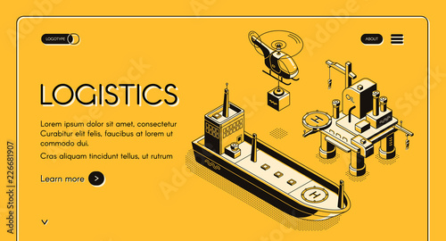 Global maritime logistics company vector web banner, landing page with helicopter carrying container and cargo ship or oil tanker near oil platform isometric line art illustration on yellow background