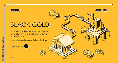 Black gold vector web banner. Offshore drilling rig supplying oil through pipeline to financial institute isometric line art illustration. Petroleum production company, energy exchange landing page