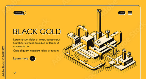 Black gold vector web template or banner with oil refinery plant line art isometric illustration on yellow background. Petroleum production or petrochemical company landing page. Oil industry concept