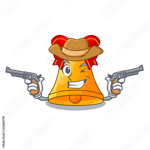 Cowboy character christmas gold bells with holly