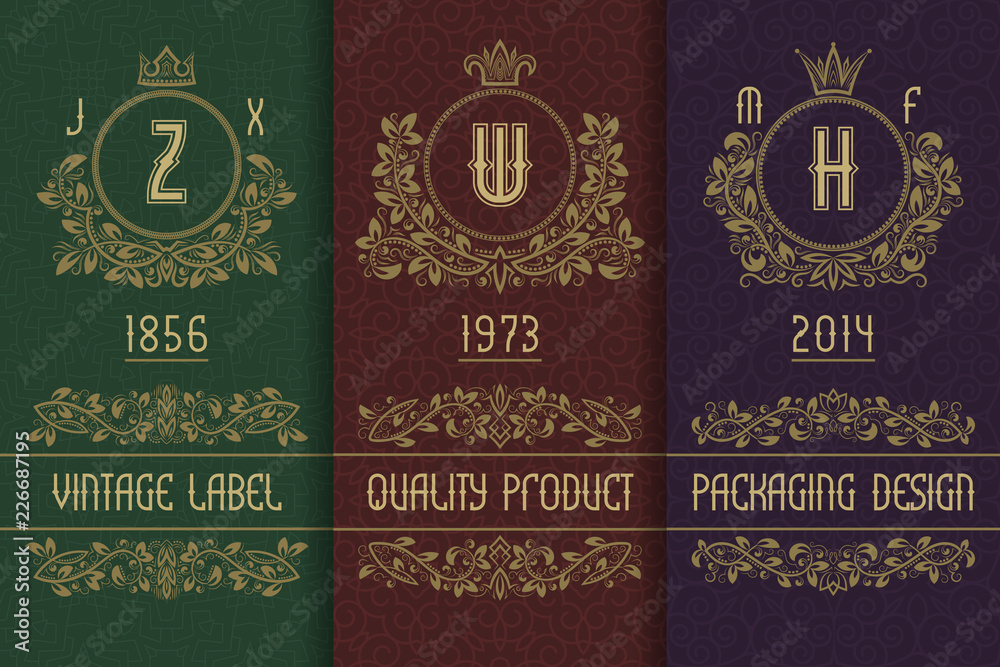 Naklejka premium Vintage packaging design with royal monograms. Set of labels templates for quality product.