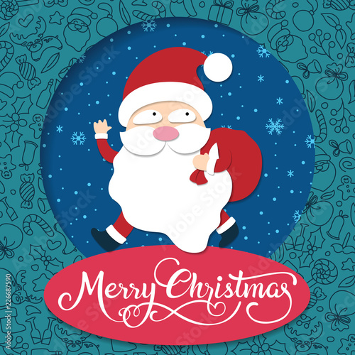 Merry Christmas handwritten typography with Santa Claus on doodles background