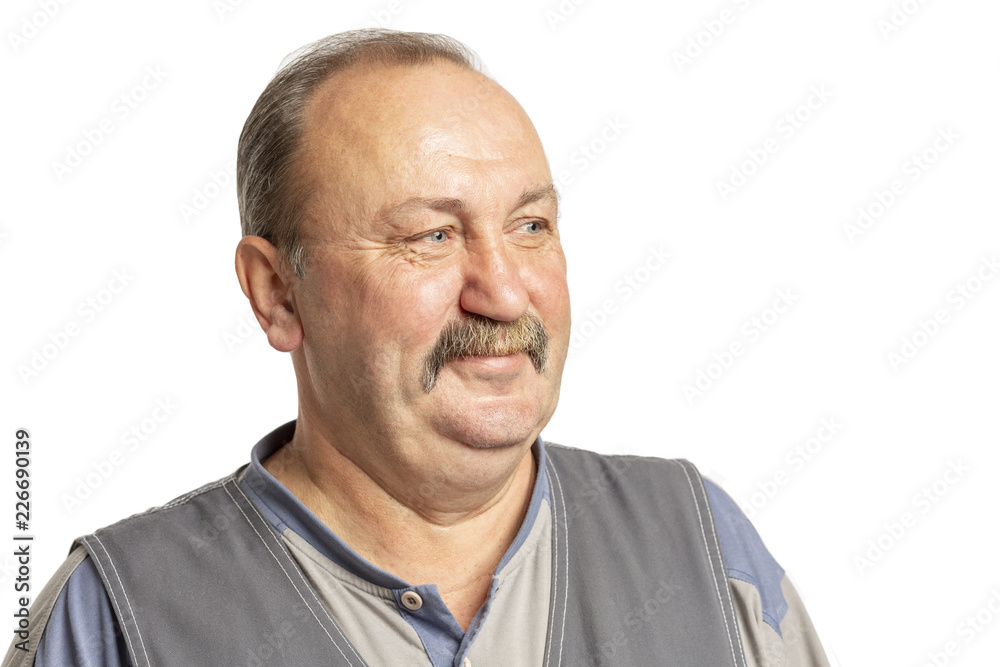 Obraz premium Elderly man with a mustache laughing, close-up