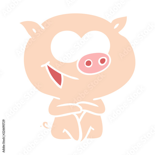 cheerful sitting pig flat color style cartoon