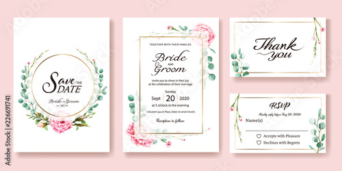 Wedding Invitation, save the date, thank you, rsvp card Design template. Vector. Pink rose, silver dollar leaves. Watercolor style.