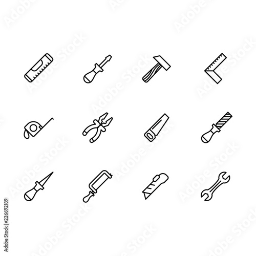 Simple set work tools, repair tools for locksmith and craft workshop for foreman vector line icon. Contains such icons hammer, screwdriver, level, pliers, tongs, saw, rasp, awl, wrench and other.