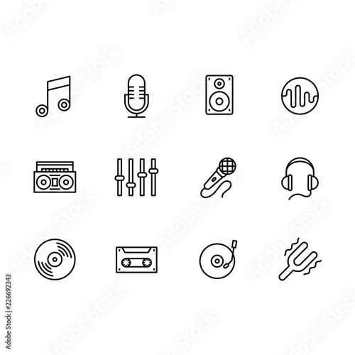 Simple set modern and retro music equipment vector line icon. Contains such icons notes, microphone, music speaker, tape recorder, equalizer, headphones, vintage vinyl disc and player, film cassette.