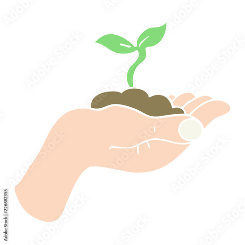 flat color illustration of a cartoon seedling growing held in hand
