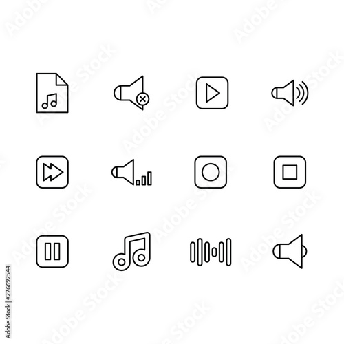 Simple set music buttons for play audio and sound vector line icon. Contains such icons music play, stop, pause, rewind next track, sound track, volume, speaker off and on, note.