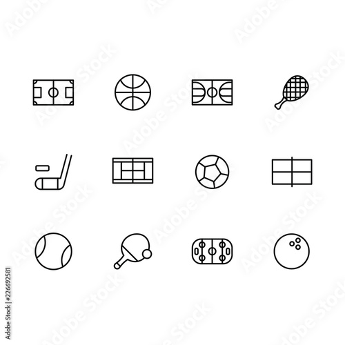 Simple set sports and active lifestyle vector line icon. Contains such icons football, hockey, basketball, tennis, soccer field, ball, racket, hockey stick, puck, ping pong.