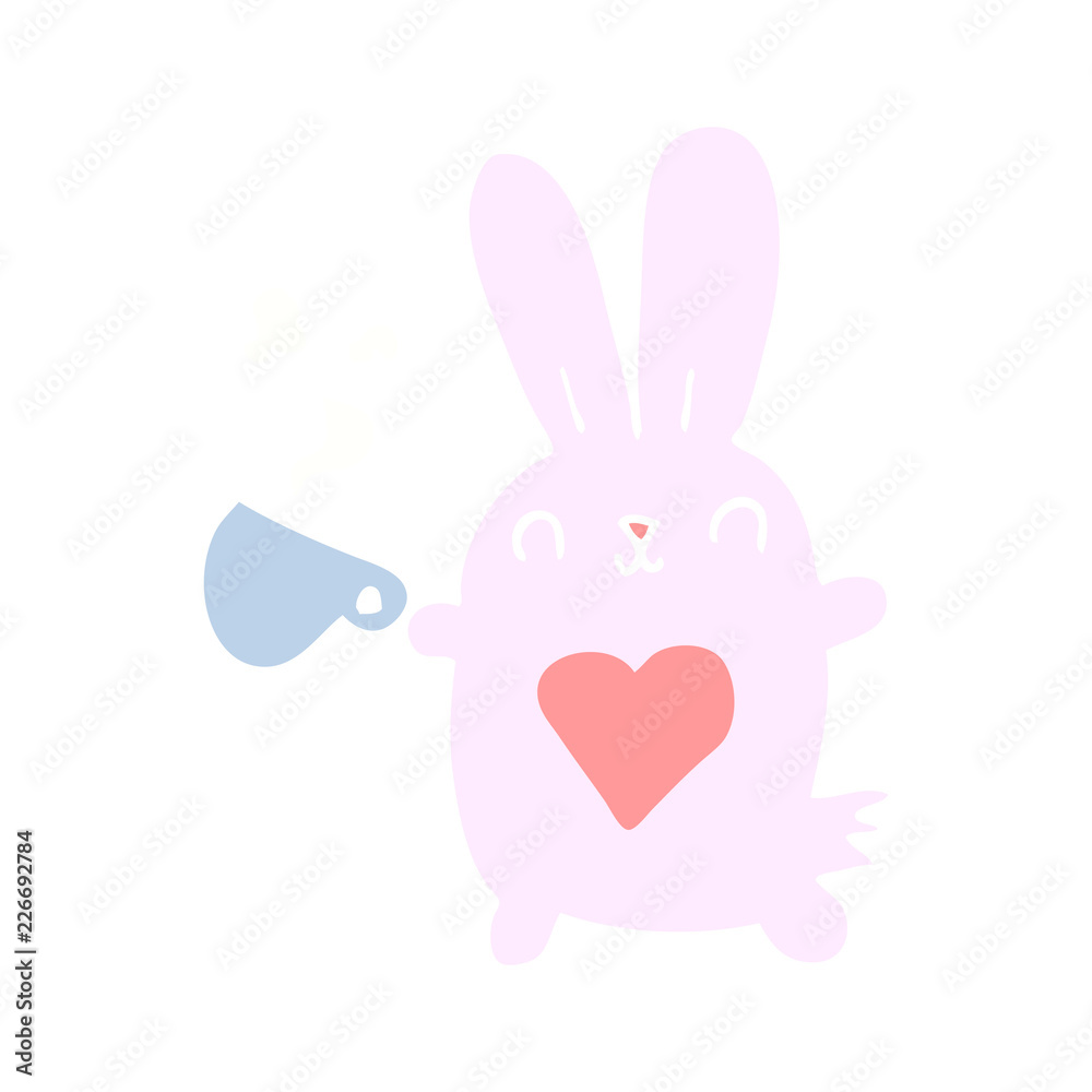 cute flat color style cartoon rabbit with love heart and coffee cup cute flat color style cartoon rabbit with love heart and coffee cup