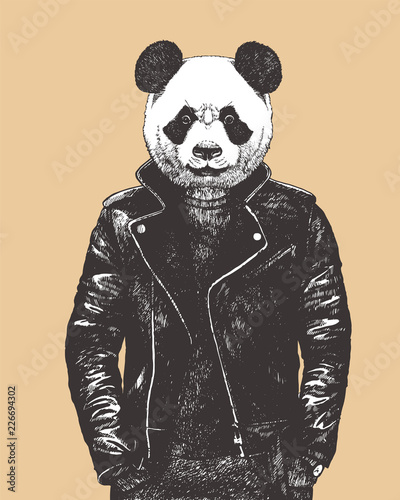 Portrait of Panda dressed up in leather jacket, hand-drawn illustration, vector