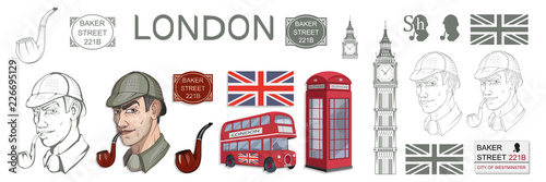 Sherlock Holmes vector, London, ilustration with Sherlock Holmes, Baker street 221B, Sherlock Holmes hat, famous London private detective, detective with smoking pipe, London style, cartoon detective