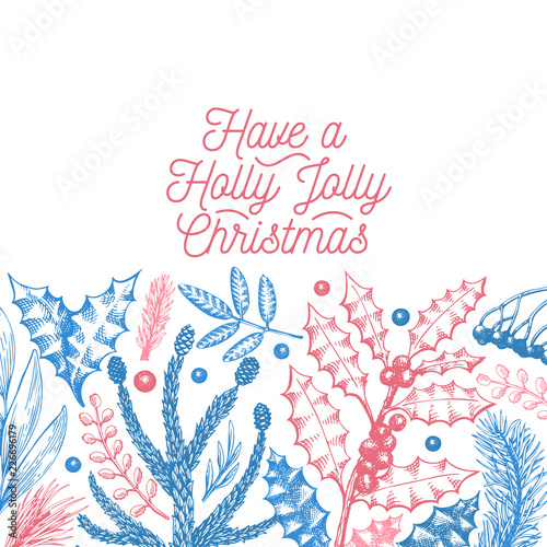 Greeting Christmas card in vintage style. Vector hand drawn illustrations. Banner with coniferous, pine branches, berries, holly, mistletoe. Winter forest background. Merry Christmas template.