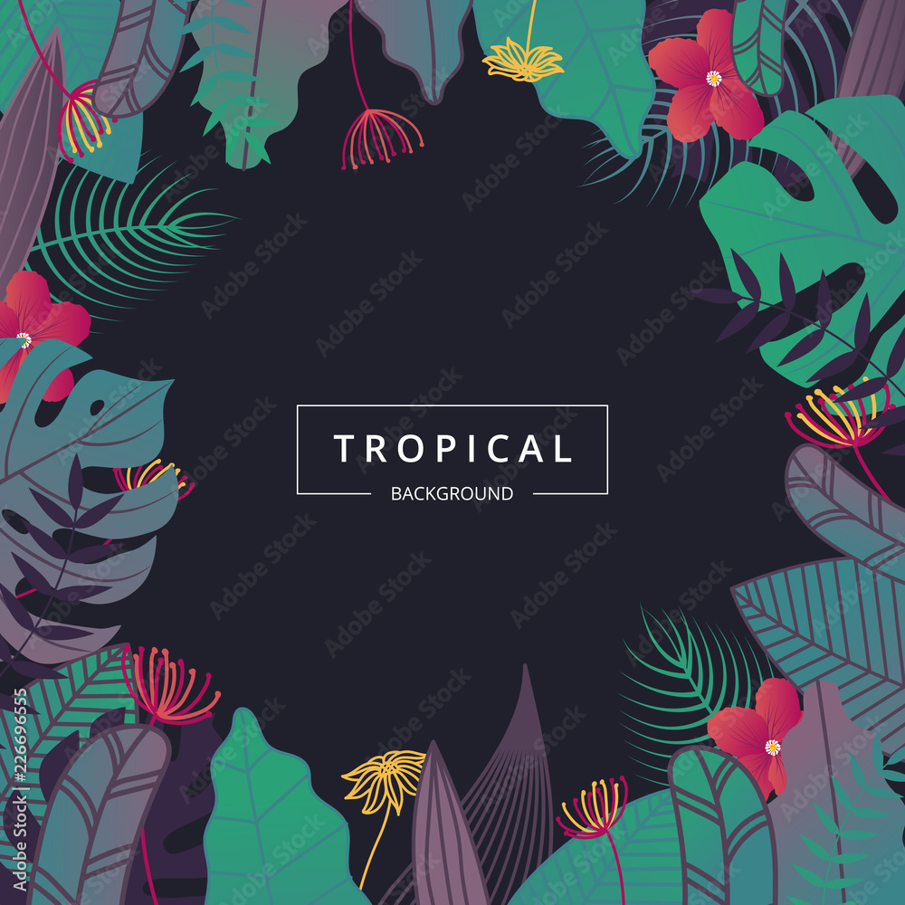 Tropical background night tone. Tropical leaves and flower. Jungle leaf frame for promotion banner design, flyer, Tropical party poster, printing and website. Vector illustration.