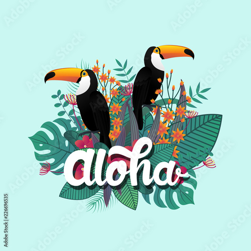 Tropical banner design template. Tropical leaf and Toucan birds. Aloha poster template. Jungle exotic leaf and flower on bright blue background. Vector illustration