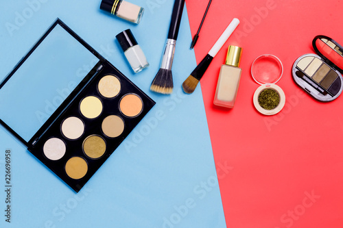 Beautiful professional makeup on colorful background with copy space