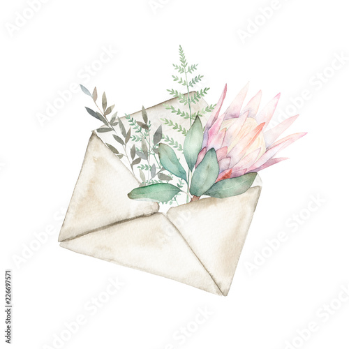 Watercolor envelope  with greenery, eucalyptus branch, fern and protea. Hand ...