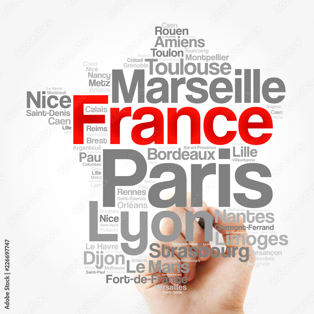 List of cities and towns in FRANCE, map word cloud collage, business and travel concept background List of cities and towns in FRANCE, map word cloud collage, business and travel concept background