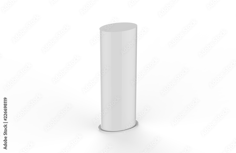 Curved PVC totem poster light advertising display stand, mock up template on isolated white background, 3d illustration Curved PVC totem poster light advertising display stand, mock up template on isolated white background, 3d illustration